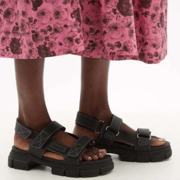 NWT GANNI Recycled Rubber Chunky Logo Platform Black Sandals Flatform Lugged - Picture 6 of 15